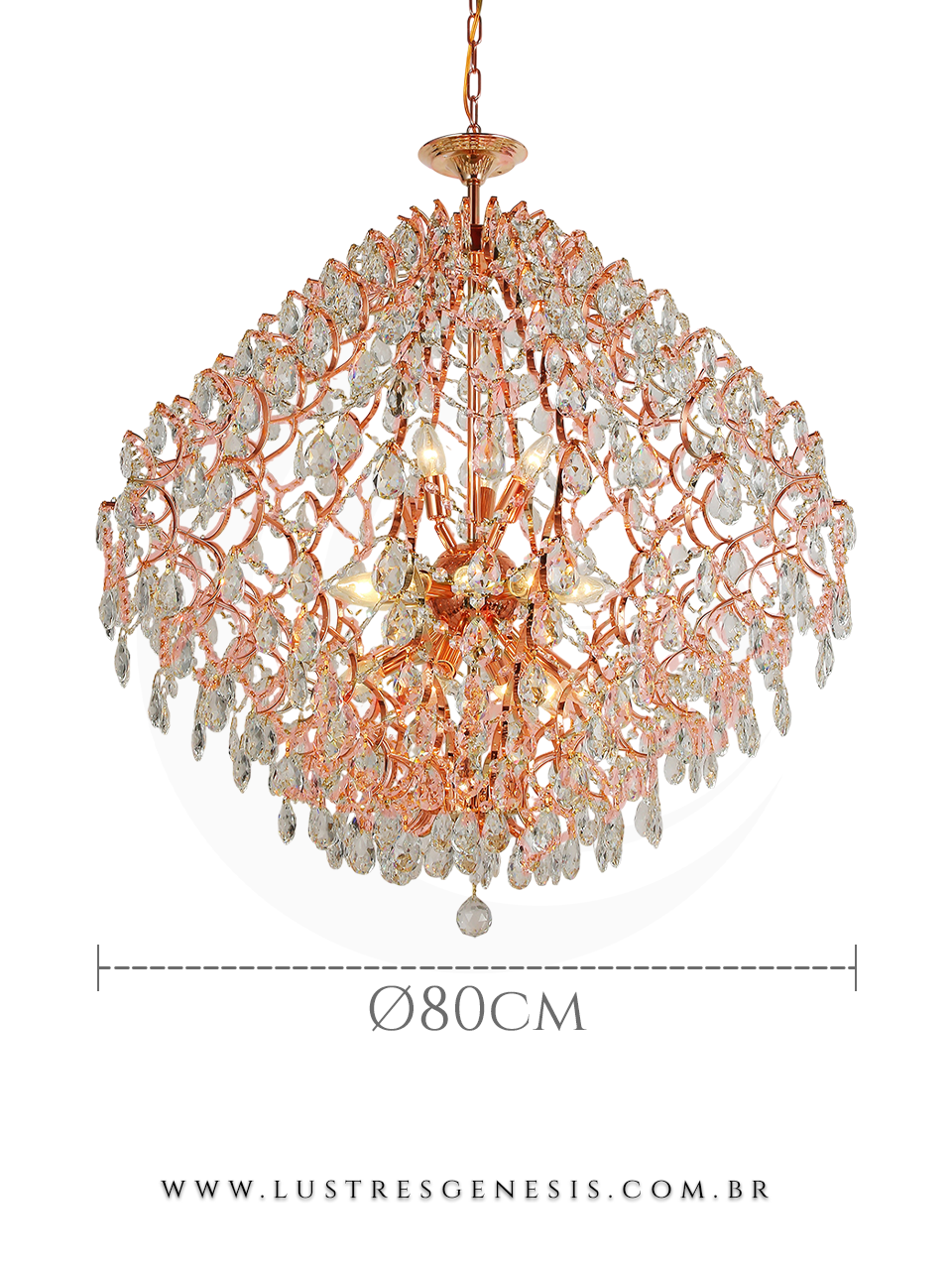 Lustre Rose Brilhante de Cristal Linseed de 80cm de diâmetro, ideal para casas com pé direito duplo ou alto, da marca Sindora Iluminação.